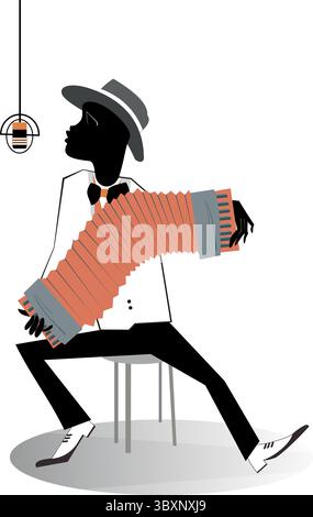 Uomo africano che suona la fisarmonica e canta. Musicista africano che suona la fisarmonica e canta al microfono. Isolato su sfondo bianco Illustrazione Vettoriale