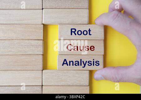 Blocchi di legno con testo Root cause Analysis su sfondo giallo della copertina Foto Stock