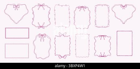 Set di eleganti bordi vettoriali con archi decorativi e linee fluide di colore magenta. Queste eleganti cornici offrono un tocco femminile per i biglietti d'auguri Illustrazione Vettoriale