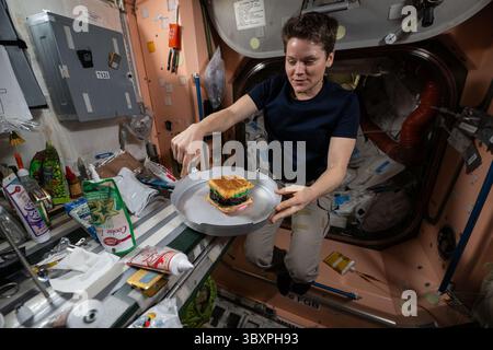 Atmosfera terrestre. 13 giugno 2025. L'astronauta della NASA e l'ingegnere di volo della Expedition 73 Anne McClain mostra una torta a forma di hamburger per celebrare 200 giorni cumulativi nello spazio per l'astronauta JAXA (Japan Aerospace Exploration Agency) Takuya Onishi (fuori telaio) dal suo primo volo spaziale come ingegnere di volo della Expedition 48-49 nel 2016. (Credit Image: © NASA/ZUMA Press Wire) SOLO PER USO EDITORIALE! Non per USO commerciale! Foto Stock