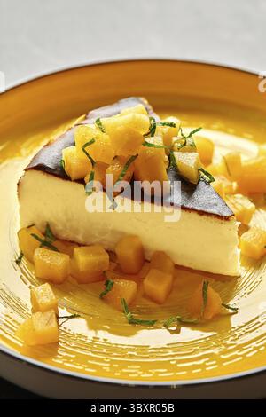 Fetta di cheesecake basca bruciata decorata con mango caramellato e foglie di menta, servita su un piatto giallo Foto Stock
