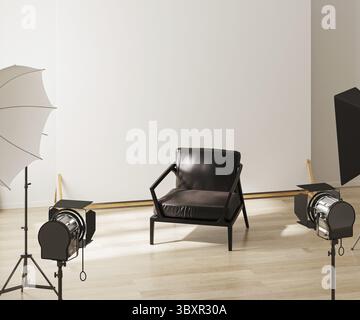 Interno di un moderno studio fotografico con attrezzature professionali per l'illuminazione Foto Stock