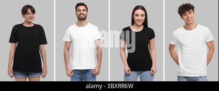 Persone con magliette diverse su sfondo grigio. Mockup per il design Foto Stock