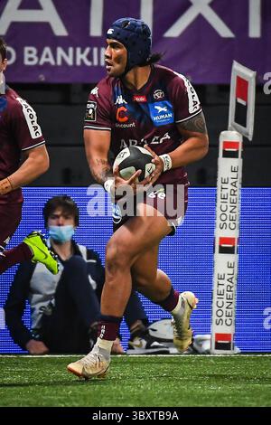 28 novembre 2021, Nanterre, Francia: Ulupano SEUTENI di Bordeaux durante la TOP 14 match tra Racing 92 e Union Bordeaux Begles (UBB) alla Paris la Defense Arena il 28 novembre 2021 a Nanterre vicino Parigi. (Immagine di credito: © Matthieu Mirville/ZUMA Press Wire) Foto Stock