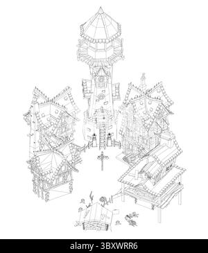 Un disegno di una città con un grande edificio nel centro. Il disegno è in bianco e nero ed è molto dettagliato Illustrazione Vettoriale