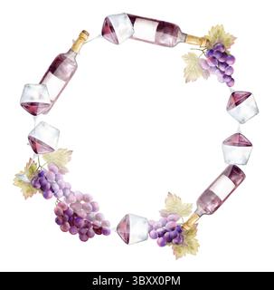 Corona di acquerelli con bottiglie di vino rosso, bicchieri e grappoli di uva viola. Cornice circolare dipinta a mano su sfondo nero. Ideale per eventi enologici Foto Stock