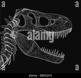 Teschio di Tyrannosaurus con struttura a reticolo 3D dettagliata che mostra linee e forme intricate per una testa di dinosauro realistica. Lo sfondo nero evidenzia Illustrazione Vettoriale