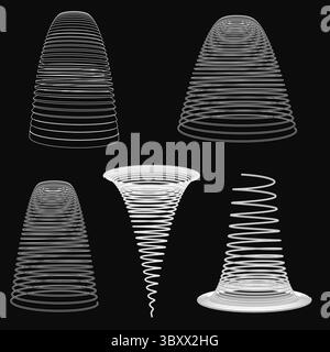 Molle a spirale di varie forme e dimensioni disposte in modo ordinato su uno sfondo nero. Le molle bianche contrastano nettamente con la superficie scura, Highlig Illustrazione Vettoriale