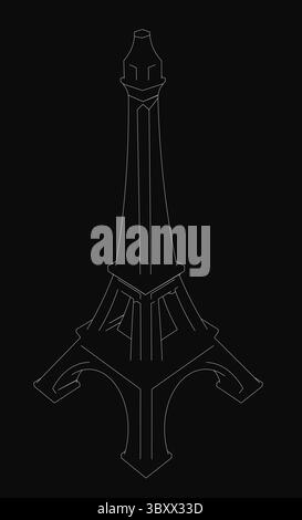 Mini Torre Eiffel disegnata in bianco e nero, in piedi audacemente su uno sfondo scuro con linee pulite ed eleganza semplice. L'iconica lan parigina Illustrazione Vettoriale