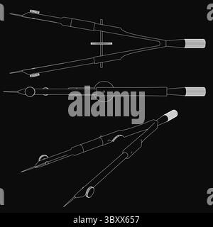 Una serie di bussole disegnate in bianco e nero su sfondo scuro, con tre diversi design di utensili disposti simmetricamente. Lo strumento più grande domin Illustrazione Vettoriale