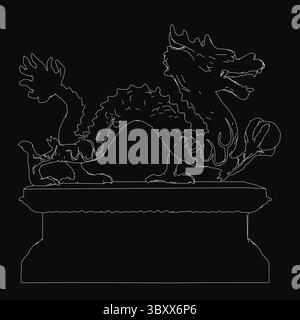 Un feroce drago cinese si erge su un piedistallo, le sue intricate scale e gli artigli affilati meticolosamente disegnati in bianco e nero. Il drago e' largo, occhio vigile Illustrazione Vettoriale