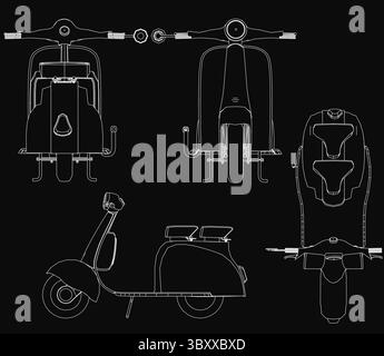 Modello di uno scooter classico dal design elegante e dal profilo dettagliato, su uno sfondo nero. Le linee bianche contrastano nettamente, evidenziando Illustrazione Vettoriale