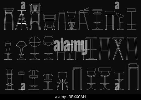 Set di sgabelli da bar e sedie disposti su un elegante sfondo nero, caratterizzato da arte minimalista in varie forme e dimensioni. Il design essenziale Illustrazione Vettoriale