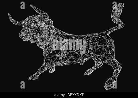 Un potente toro da running raffigurato in stile poligonale basso, composto da forme geometriche e linee nette su un elegante sfondo nero. La posa dinamica co Illustrazione Vettoriale