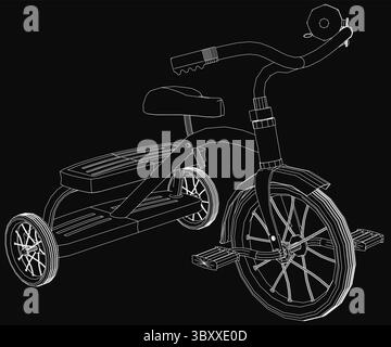 Un classico triciclo bianco e nero con grandi pneumatici knobby si distingue su uno sfondo scuro. Il design vintage è caratterizzato da manubri curvi e da un'estremità Illustrazione Vettoriale