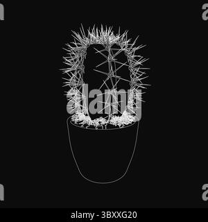 Cactus in vaso con spine intricate e foglie testurizzate, disegnati in bianco e nero su sfondo scuro. La pentola dai toni neutri contrasta nettamente, empha Illustrazione Vettoriale