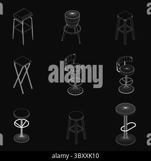 Una serie di sgabelli da bar disegnati in bianco su sfondo nero, ciascuno con un design unico e contorni dettagliati. La composizione ad alto contrasto si evidenzia Illustrazione Vettoriale