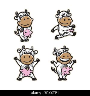 Design vettoriale con logo della mascotte della mucca con design moderno per la stampa di badge, emblemi e t shirt. Confezione di mascotte con illustrazione di una mucca intelligente. Illustrazione Vettoriale