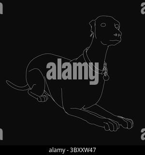 Disegno in bianco e nero di un cane Labrador con collare, su sfondo scuro. L'illustrazione presenta tratti puliti e audaci e un miglio Illustrazione Vettoriale