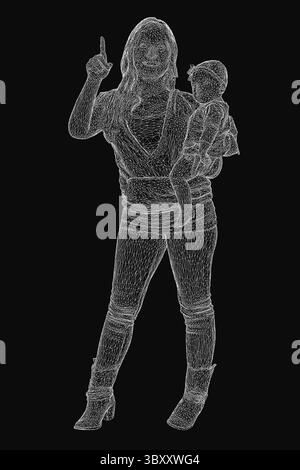 Immagine a reticolo di una donna che culla un bambino tra le braccia, mostrando la connessione materna con linee geometriche pulite. Lo sfondo nero enfasi Illustrazione Vettoriale