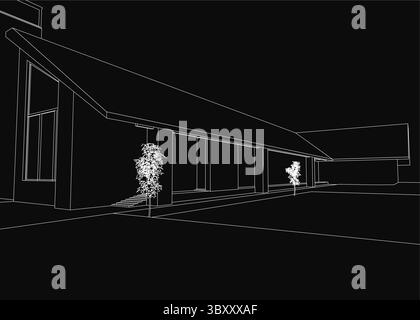 Illustrazione della casa in bianco e nero con un albero dettagliato in primo piano, su uno sfondo scuro e morbido. Il disegno presenta linee pulite e. Illustrazione Vettoriale