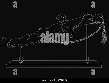 Un pugnale decorativo con una guaina si trova su un espositore, con una testa di drago sul manubrio e una catena. La guaina ha contorni di tigre, con il bianco Illustrazione Vettoriale