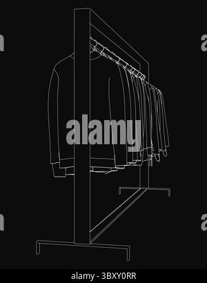 Un disegno in bianco e nero di un appendiabiti con capi ben appesi, con appendiabiti e maniche piegate. Lo sfondo scuro evidenzia la c Illustrazione Vettoriale