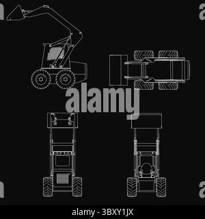 Un progetto dettagliato di una minipala gommata SSL con sfondo nero, che mostra il suo preciso design vettoriale. L'illustrazione evidenzia i componenti principali Illustrazione Vettoriale