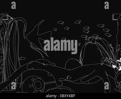 Un'illustrazione vettoriale minimalista di un contorno di acquario con pesci stilizzati, disegnati con linee bianche pulite su sfondo nero. Le caratteristiche del design Illustrazione Vettoriale