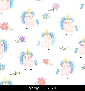 Motivo senza cuciture con unicorni blu e fiori colorati Illustrazione Vettoriale