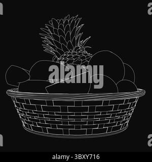 Un disegno bianco e nero di un cesto intrecciato traboccante di frutta fresca, tra cui mele, arance e uva, organizzato in una composizione artistica. Illustrazione Vettoriale