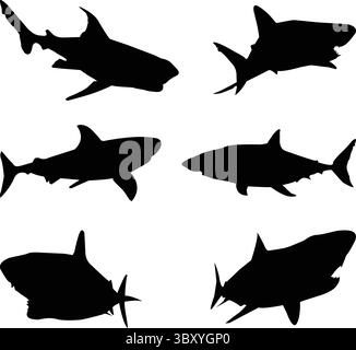 Shark Fish disegna a mano le silhouette Illustrazione Vettoriale
