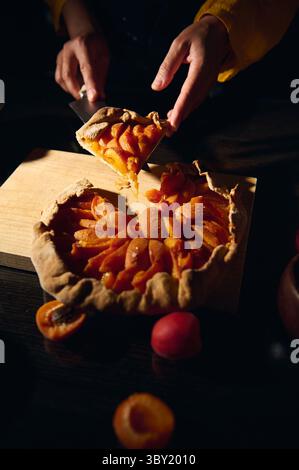 Crostata rustica di albicocca appena sfornata e tagliata a fette, con crosta dorata e succoso ripieno di frutta. Cattura il calore e la tradizione della cottura fatta in casa Foto Stock