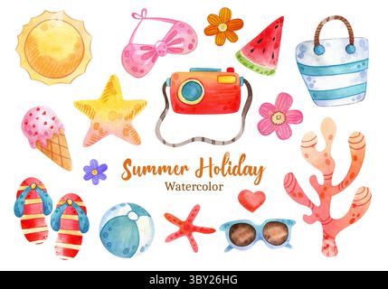 Serie di illustrazioni di acquerelli da spiaggia. Oggetti estivi disegnati a mano: Costume da bagno, macchina fotografica, ombrellone, occhiali da sole, cappello. Illustrazione su sfondo bianco. Foto Stock