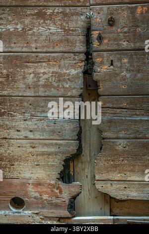 Una porta in legno incrinata con vernice staccabile e pannelli incrinati che rivelano il deterioramento dovuto a anni di esposizione. Ripatransone, Ascoli Piceno, Italia, Europa Foto Stock
