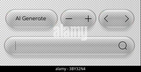 Pulsanti dell'interfaccia utente in stile realistico con vetro. Illustrazione vettoriale 3D. Illustrazione Vettoriale