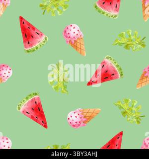 Motivo ad acquerello senza cuciture con elementi ad anguria disegnati a mano che creano un'atmosfera estiva. Illustrazione di frutta su sfondo bianco per tessuti, stampa e d Foto Stock