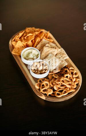Un piatto di spuntini gourmet con un invitante assortimento di patatine, cracker, pretzel, arachidi e salse su un vassoio di legno, perfetto per intrattenere un Foto Stock
