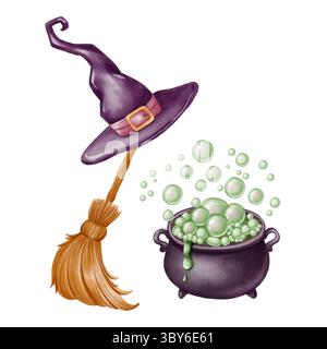 Cappello da strega, scopa e calderone di pozione gorgogliante. Dipinto a mano in stile acquerello, ideale per i disegni a tema Halloween Foto Stock