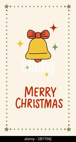 Affascinante illustrazione vettoriale di una campana di Natale con arco rosso e testo disegnato a mano buon Natale. Ideale per biglietti d'auguri natalizi, design stagionale Illustrazione Vettoriale
