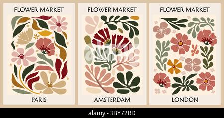 Set di poster in stile retrò per il mercato dei fiori Illustrazione Vettoriale