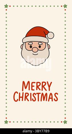 Adorabile illustrazione vettoriale del volto di Babbo Natale, con un saluto natalizio disegnato a mano e un bordo festoso. Perfetto per biglietti per le vacanze, etichette regalo, o. Illustrazione Vettoriale