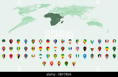 Eleganti icone a spillo verticale che mostrano le bandiere africane. Raccolta di flag vettoriali. Illustrazione Vettoriale