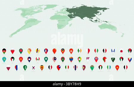 Eleganti icone verticali che mostrano le bandiere asiatiche. Raccolta di flag vettoriali. Illustrazione Vettoriale