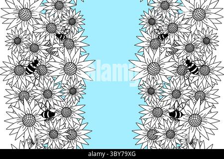 Sagoma per cornice verticale senza cuciture per girasole con api. Illustrazione della linea grafica vettoriale. design di disposizione delle ghirlande. Perfetto per le carte, decoratio Illustrazione Vettoriale