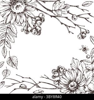 Modello di illustrazione quadrato disegnato a mano con un bouquet autunnale di girasoli, bacche, ramoscelli e fogliame. Perfetto per biglietti d'auguri, confezioni o. Illustrazione Vettoriale