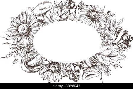 Corona ovale autunnale composta da funghi, fiori, foglie e frutti di bosco. Illustrazione disegnata a mano in stile line art dettagliato, perfetta per il rustico e. Illustrazione Vettoriale