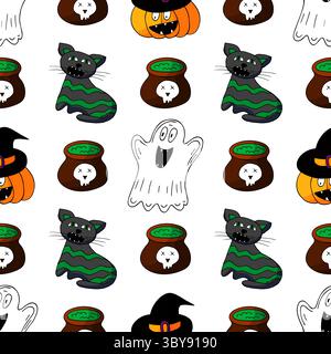 Motivo Halloween senza cuciture in stile disegno a mano. Zucca, fantasmi, cappello da strega.eps Illustrazione Vettoriale
