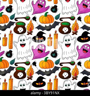 Motivo Halloween senza cuciture in stile disegno a mano. Zucca, Bat. Carta da parati per la tua creatività. Stampa per la progettazione Illustrazione Vettoriale