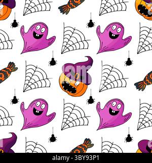 Motivo Halloween senza cuciture in stile disegno a mano. Carta da parati per la tua creatività. Web. Stampa per design, tessuti, carta da parati Illustrazione Vettoriale